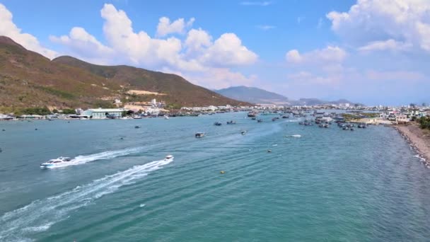 Aerial shot of a busy Nha Trang harbor. Travel to Vietnam concept. — Stock Video