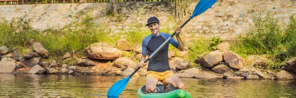 Joyful man is training SUP board in river on a sunny morning. Stand up paddle boarding - awesome active outdoor recreation BANNER, LONG FORMAT — Stock Photo, Image