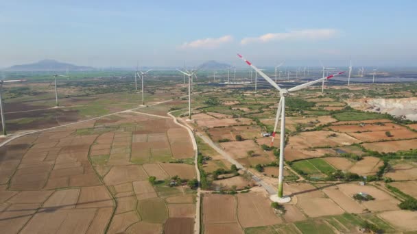 Luftaufnahme eines Windturbinenkomplexes, der auf einem großen landwirtschaftlichen Feld steht. Grünes Energiekonzept. Null-Emissionen-Konzept — Stockvideo