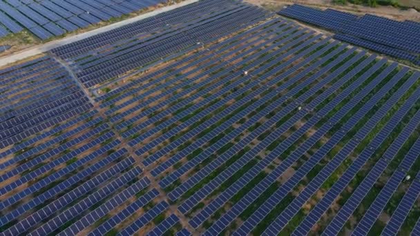 거대 한 유전에 있는 거대 한 태양 발전소의 공중 촬영. 태양 에너지 로부터의 전기 생산. 녹색 에너지와 배기가스제로 개념 — 비디오