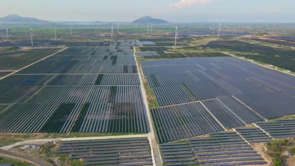 Flygfoto av ett stort solkraftverk blandat med vindkraftverk på ett stort fält. Elproduktion från solenergi och vindkraft. Grön energi och nollutsläpp koncept — Stockvideo