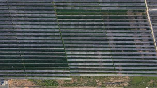 Toma aérea de una enorme planta de energía solar en un gran campo. Generación de electricidad a partir de energía solar. Energía verde y concepto de cero emisiones — Vídeos de Stock