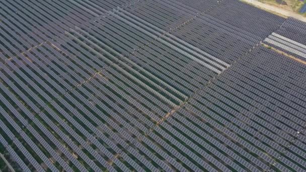 Toma aérea de una enorme planta de energía solar en un gran campo. Generación de electricidad a partir de energía solar. Energía verde y concepto de cero emisiones — Vídeos de Stock