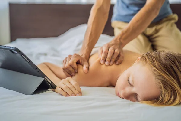 Massage by training online video. Online massage training. Health Wellness Massage Online Training Concept