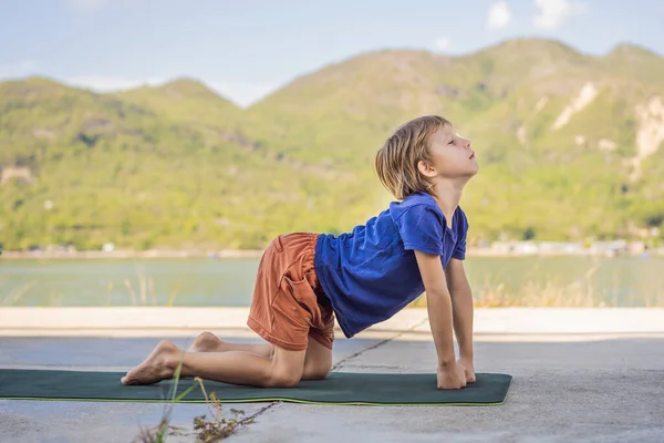 Junge macht Yoga auf einer Yogamatte vor dem Hintergrund der Berge — Stockfoto