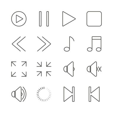 Kitle iletişim araçları oyuncu simge vektör ayarlayın. Anahat müzik koleksiyonu. Modern daire multimedya işareti tasarım. Web sitesi için mobil uygulama izole ince lineer grafik piktogram. Logo illüstrasyon. Eps10.ion.