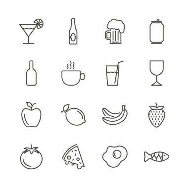 Yiyecek ve içecek simge vektör ayarlayın. Restoran öğle yemeği koleksiyonu anahat. Trendy düz işaret tasarım. Web sitesi için mobil uygulama izole ince lineer grafik piktogram. Logo illüstrasyon. Eps10.