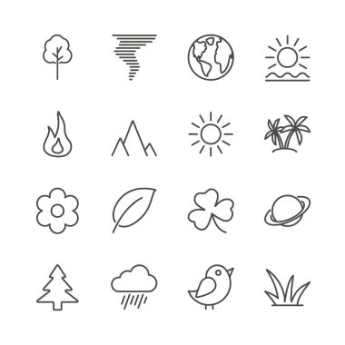 Doğa simge vektör ayarlayın. Eko simgesi toplama izole satır. Trendy düz anahat UI işareti tasarım. Web sitesi, mobil uygulama için ince lineer grafik piktogram. Logo illüstrasyon. Eps10.