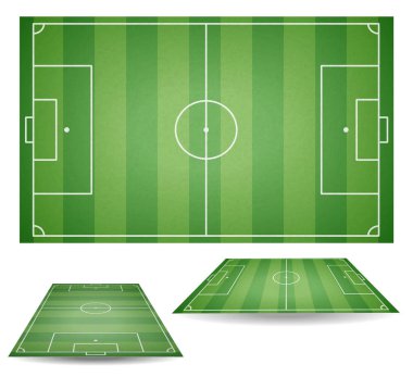 Üst ve yan görünümü futbol sahası kümesi. Dokulu futbol sahası. Yeşil bahçesi arka plan. Vektör toplama çizim.