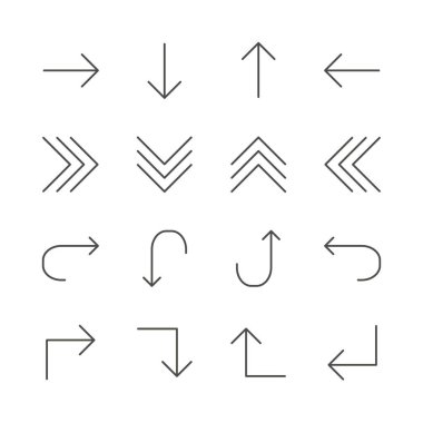 Okları simge vektör ayarlayın. Sonraki satır, geri, yukarı, koleksiyonu sembolü izole. Trendy düz anahat UI işareti tasarım. Web sitesi, mobil uygulama Logo illüstrasyon için ince lineer grafik piktogram. Eps10.