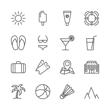 Yaz simge vektör ayarlayın. Satır rekreasyon koleksiyonu sembolü izole. Trendy düz anahat UI işareti tasarım seyahat. Web sitesi, mobil uygulama Logo illüstrasyon için ince tatil grafik sembollerin. Eps10.