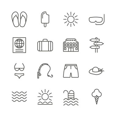 Yaz simge vektör ayarlayın. Satır rekreasyon koleksiyonu sembolü izole. Trendy düz anahat UI işareti tasarım seyahat. Web sitesi, mobil uygulama Logo illüstrasyon için ince tatil grafik sembollerin. Eps10.