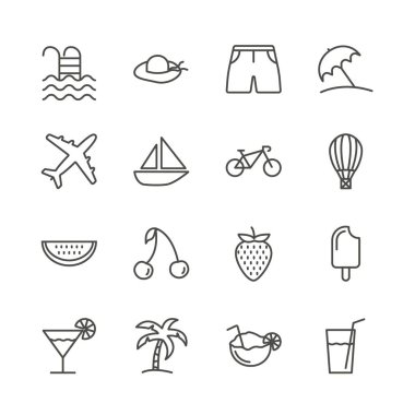 Yaz simge vektör ayarlayın. Satır rekreasyon koleksiyonu sembolü izole. Trendy düz anahat UI işareti tasarım seyahat. Web sitesi, mobil uygulama Logo illüstrasyon için ince tatil grafik sembollerin. Eps10.