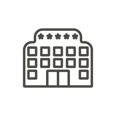 Otel simge vektör. Satır seyahat sembolü izole. Trendy düz anahat UI işareti tasarım. Web sitesi, mobil uygulama Logo illüstrasyon için ince doğrusal yapı grafik piktogram. Eps10.