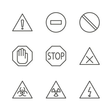 Uyarı simge vektör ayarlayın. Çizgi dikkat simgesi izole. Trendy düz anahat UI işareti tasarım. Web sitesi, mobil uygulama Logo illüstrasyon için ince doğrusal tehlike grafik piktogram. Eps10.