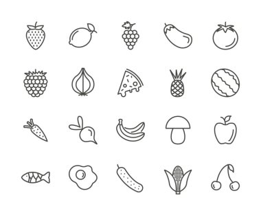 Meyve simge vektör ayarlayın. Taze yiyecek toplama anahat. Trendy ince çizgi stili, web çizimi.