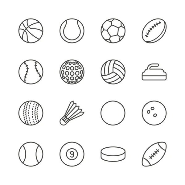 Sportbälle setzen Symbolvektoren. Outline-Fußball, Basketball, Rugby... Unterschriftensammlung. trendy dünn li — Stockvektor