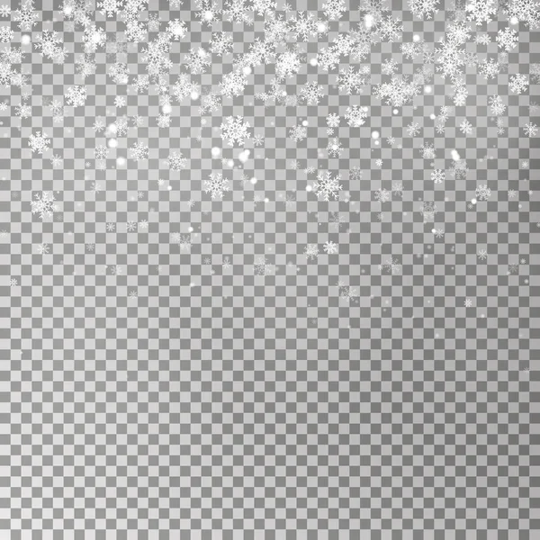 Kerst vallende sneeuw vector geïsoleerd op donkere achtergrond. Sneeuwvlok transparante decoratie effect. — Stockvector