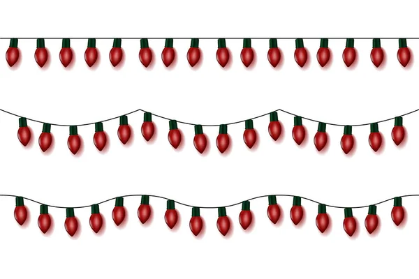 Christmas lights string vector, red garland set isolated on white. Garland balls. Glitter hanging ol — Stock Vector