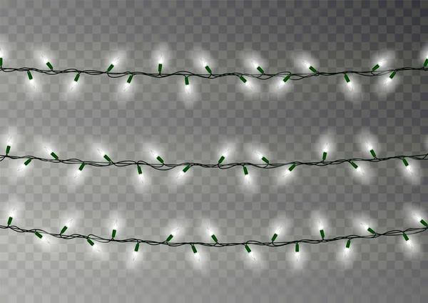 Cadena de luces blancas de Navidad. Decoración de efecto transparente aislada sobre fondo oscuro. Realista — Vector de stock