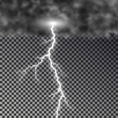 Dark cloud with lightning bolt isolated on checkered background. Transparent tempest sky effect. Rea clipart