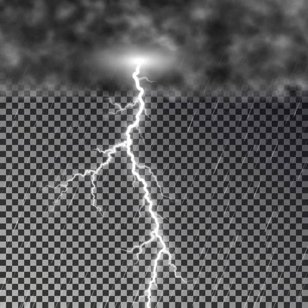 Mörka moln med regnar och lightning bolt isolerade på rutig bakgrund. Transparent regn sky ef — Stock vektor