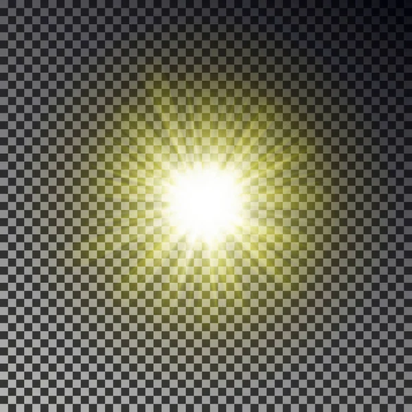 Luz de rayos solares aislada sobre fondo a cuadros. Efecto cielo de luz solar amarillo brillante transparente. Realista — Archivo Imágenes Vectoriales