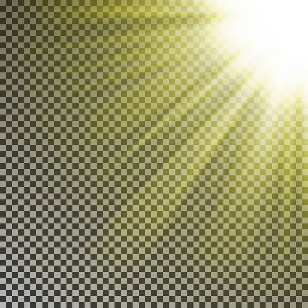 Sun ray licht op bovenste rigth hoek. Transparante gloedeffect geel zonlicht geïsoleerd op geruite bac — Stockvector