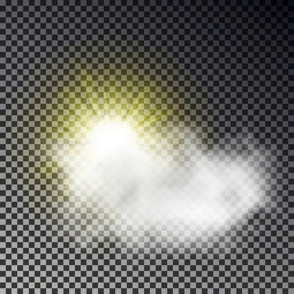 Sol e nuvem isolados em fundo quadriculado. Transparente efeito céu ensolarado. Raio de sol realista ligh — Vetor de Stock