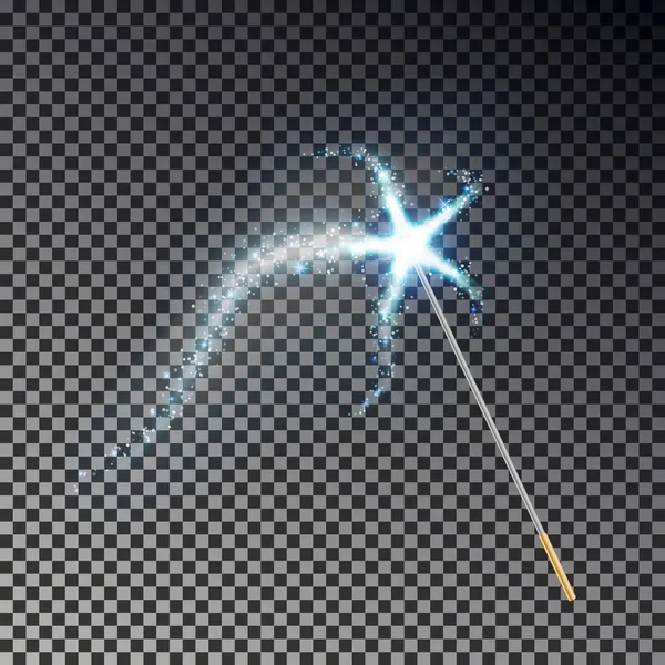 Baguette magique avec vecteur étoile. Bâton miracle transparent avec queue claire isolée sur fond sombre . — Image vectorielle