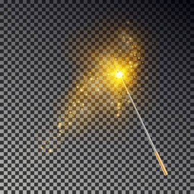 Sihirli değnek vektör. Şeffaf mucize sopa ile parlaklık sarı ışık kuyruk koyu arka plan üzerinde izole. Sihirbazlar sihirli değnek, yıldız tozu etkisi. Büyücü peri sopa ışıkları. Vektör çizim.