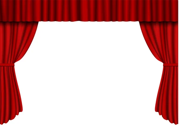 Красный открытый занавес в театре. Бархатная ткань кино вектор занавески изолированы на белом. Открытые шторы — стоковый вектор