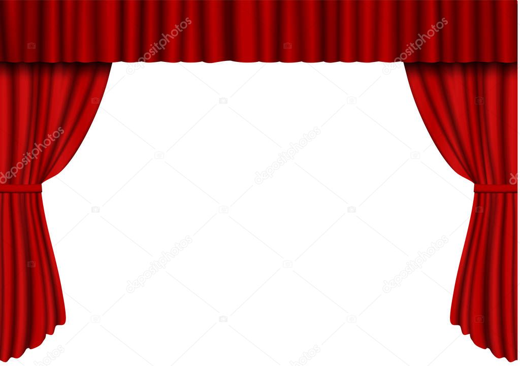 Tenda rossa aperta in teatro. Vettore tenda cinema tessuto velluto isolato  su bianco. Tende aperte - Vettoriale Stock di ©vectorEps10 215035356