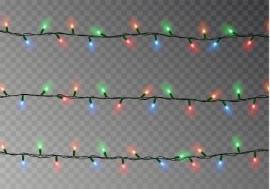 Noel renkli ışıklar dize. Koyu arka plan üzerinde izole saydamlık efektini dekorasyon. Gerçekçi 