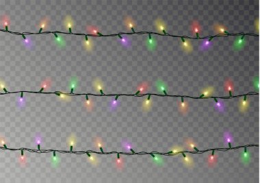 Noel renkli ışıklar dize. Koyu arka plan üzerinde izole saydamlık efektini dekorasyon. Gerçekçi 