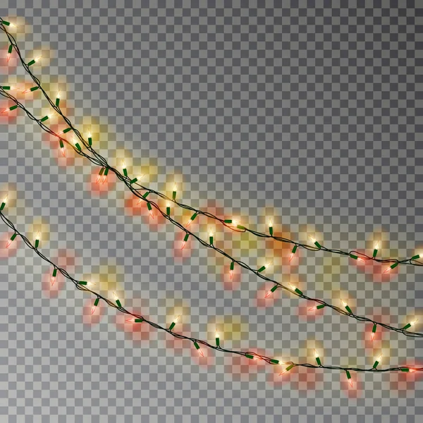 Cadena de luces de color Navidad. Decoración de efecto transparente aislada sobre fondo oscuro. Realista — Vector de stock