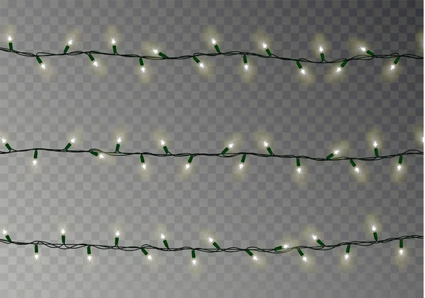 Corda de luzes de cor Natal. Decoração de efeito transparente isolada em fundo escuro. Realista — Vetor de Stock