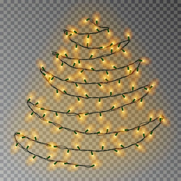 Árbol de color navideño de luces de cadena. Decoración de efecto transparente aislada sobre fondo oscuro. RED — Vector de stock