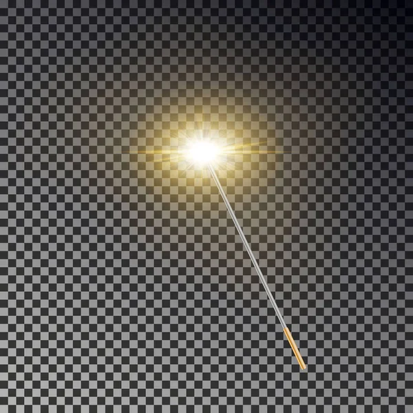 Μαγικό ραβδί διάνυσμα. Διαφανή θαύμα ραβδί με λάμψη κίτρινο φως ουρά που απομονώνονται σε σκούρο φόντο — Διανυσματικό Αρχείο