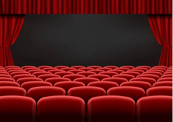 Cortina aberta vermelha com assentos no teatro. Vetor de cortina de cinema de tecido de veludo. Cortinas abertas e mar — Vetor de Stock