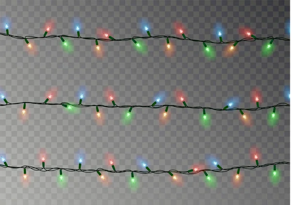 Colore Natale luci stringa. Decorazione effetto trasparente isolata su sfondo scuro. Realistico — Vettoriale Stock