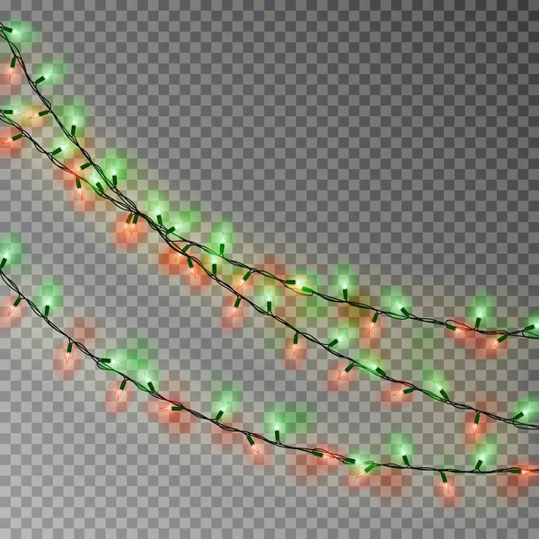 Christmas color lights string. Transparent effect decoration isolated on dark background. Realistic — Stock Vector