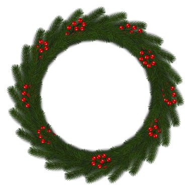 Yeşil Noel çelenk kırmızı dut ile vektör izole üzerinde beyaz arka plan. Xmas garland decora yuvarlak