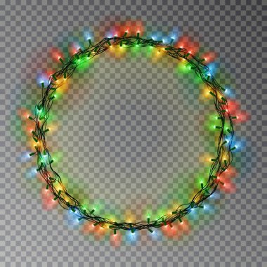 Garland çelenk süsleri. İzole Parlatıcı lambalar öğesi ile Noel renk ışık halkası. Parlayan s
