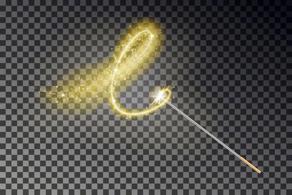 Trollspö vektor. Transparent mirakel pinne med glöd gula ljus svans isolerad på mörk bakgrund — Stock vektor