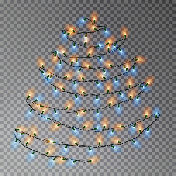 Árbol de color navideño de luces de cadena. Decoración de efecto transparente aislada sobre fondo oscuro. RED — Vector de stock