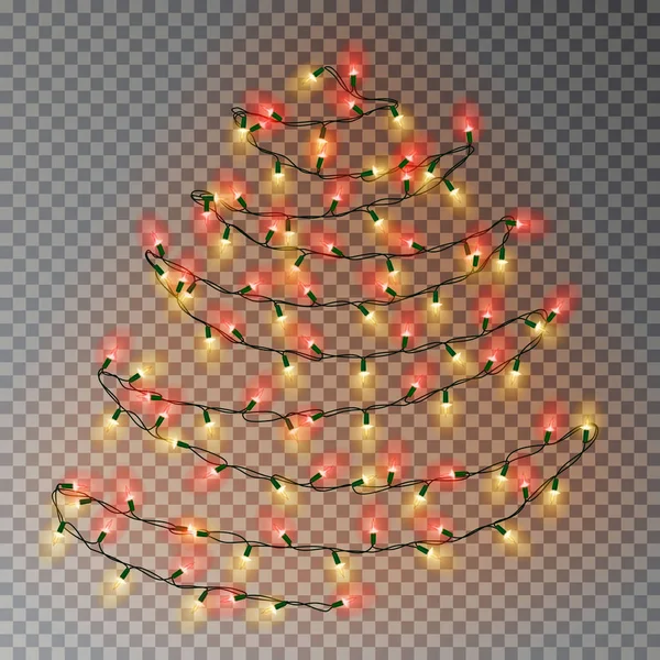 Albero di colore di Natale di luci stringa. Decorazione effetto trasparente isolata su sfondo scuro. Ri — Vettoriale Stock