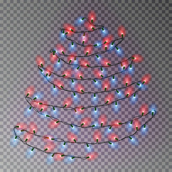 Christmas color tree of lights string. Transparent effect decoration isolated on dark background. Re — Stock Vector