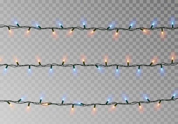 Christmas färg lampor string. Transparent effekt dekoration isolerad på mörk bakgrund. Realistiska — Stock vektor