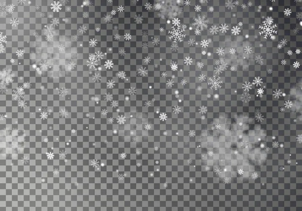 Padający śnieg Boże Narodzenie wektor na białym tle na ciemnym tle. Efekt ozdoba przezroczysty płatek śniegu. — Wektor stockowy